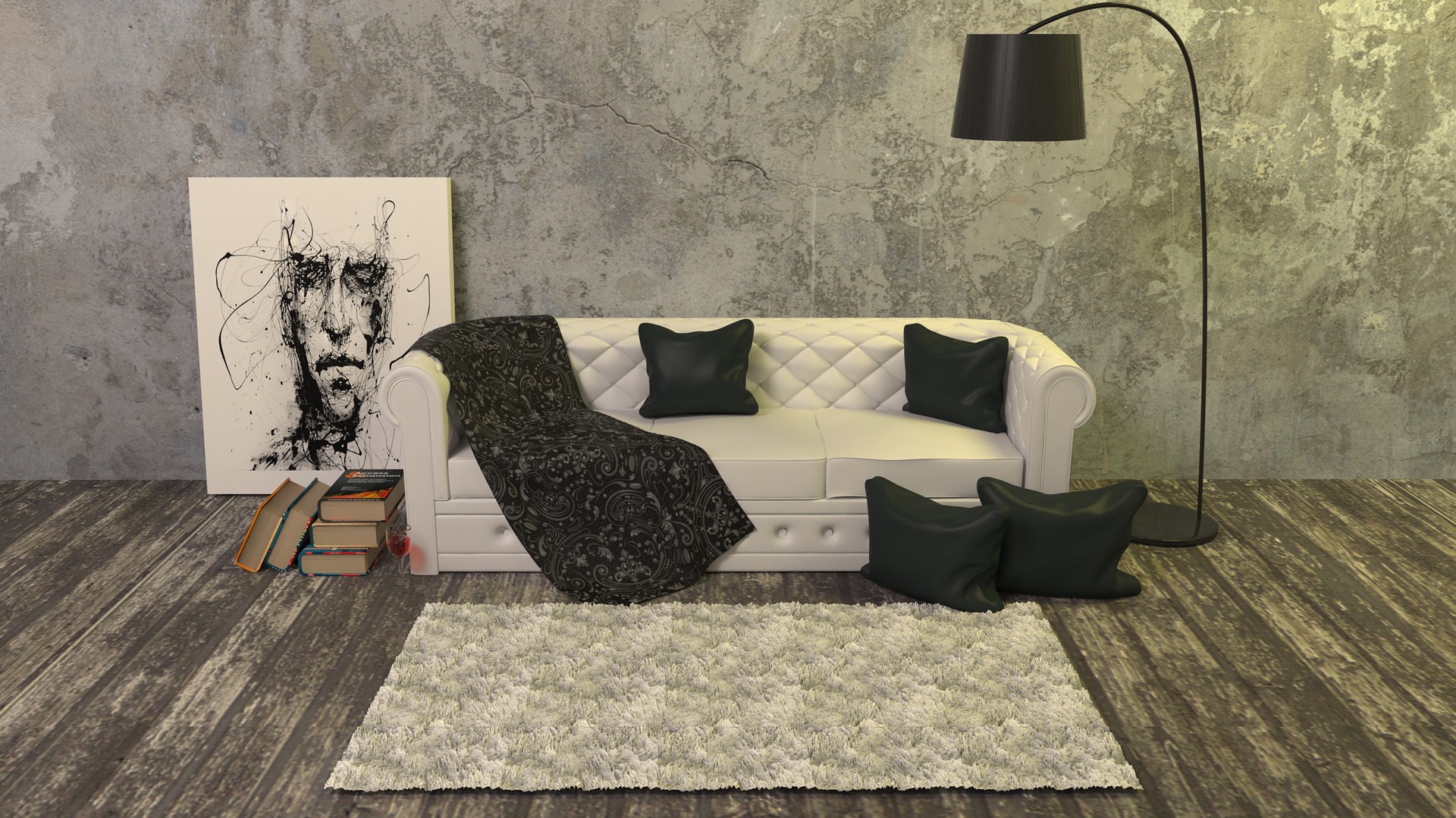 Ilustrasi Sofa, Lampu, Lukisan, Buku, dan Karpet